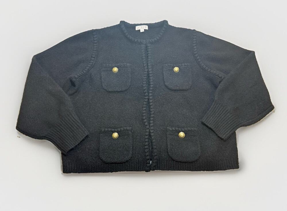 J Crew Women’s Odette Sweater Cardigan Black Merino/Alpaca Blend Gold Buttons XL